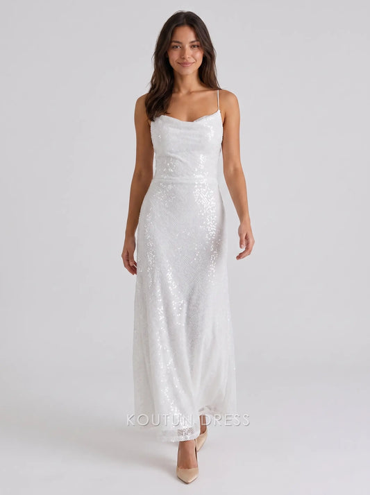 White Sequin Cowl Neck Spaghetti Strap Lace-Up Back Formal Evening Prom Dress