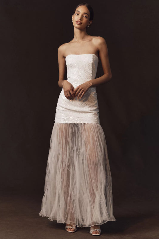 White Sequin Strapless Square Neck Sheer Tulle Mermaid Maxi Prom Dress