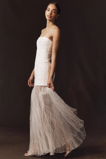 White Sequin Strapless Square Neck Sheer Tulle Mermaid Maxi Prom Dress