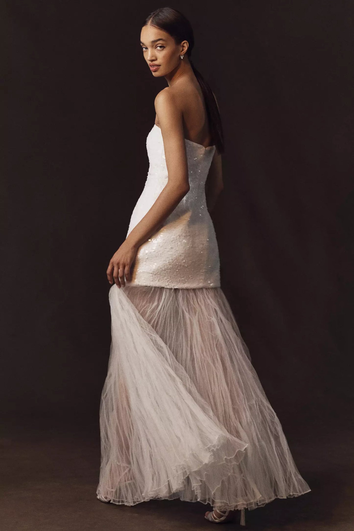 White Sequin Strapless Square Neck Sheer Tulle Mermaid Maxi Prom Dress