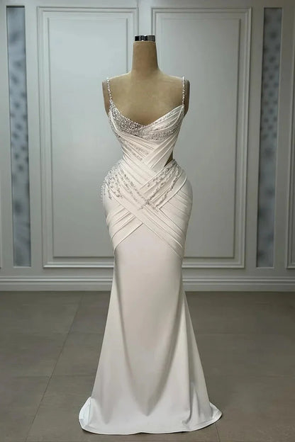 White Spaghetti Strap Prom Dress With Beaded Sweetheart Neckline Ruched Satin And Mermaid Silhouette Formal Prom Dress