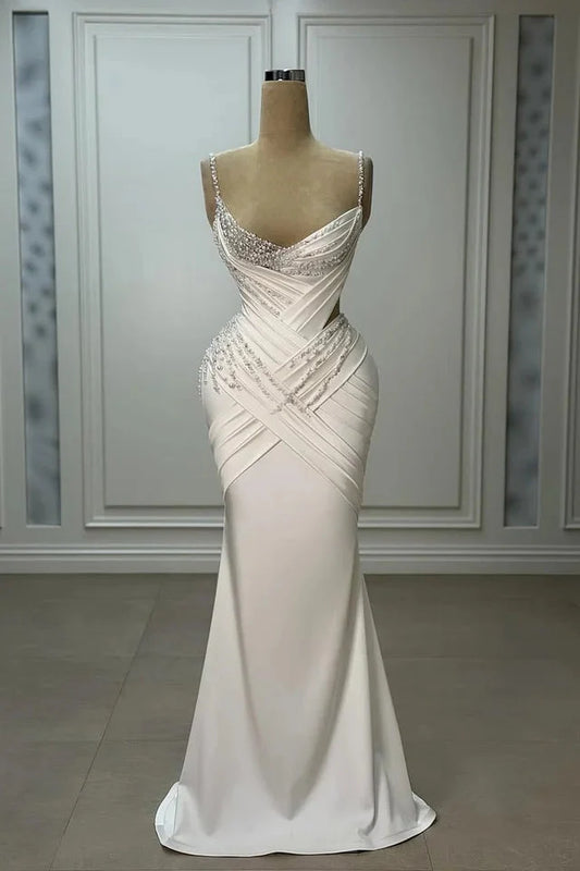 White Spaghetti Strap Prom Dress With Beaded Sweetheart Neckline Ruched Satin And Mermaid Silhouette Formal Prom Dress