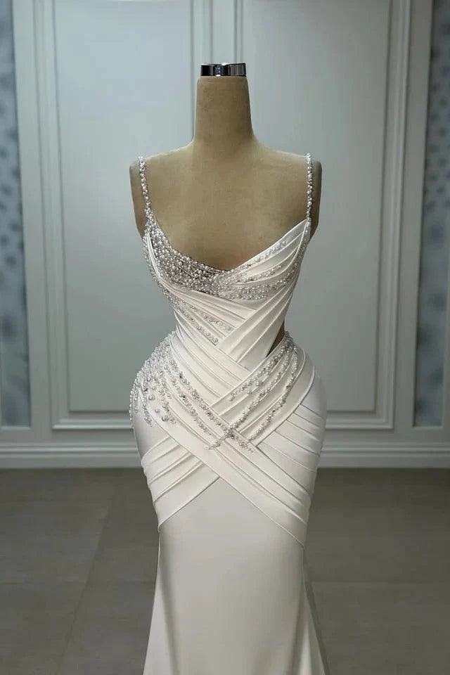 White Spaghetti Strap Prom Dress With Beaded Sweetheart Neckline Ruched Satin And Mermaid Silhouette Formal Prom Dress