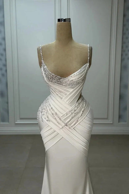 White Spaghetti Strap Prom Dress With Beaded Sweetheart Neckline Ruched Satin And Mermaid Silhouette Formal Prom Dress