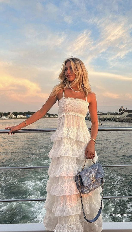White Spaghetti Strap Prom Dress With Smocked Bodice And Tiered Ruffled Skirt Formal Prom Dress