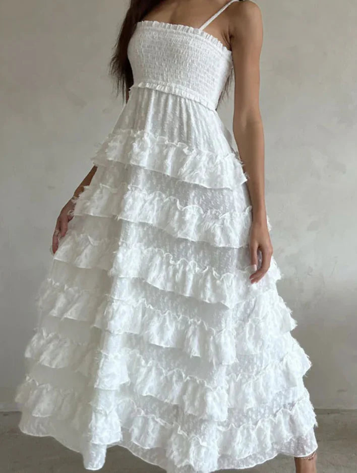 White Spaghetti Strap Prom Dress With Smocked Bodice And Tiered Ruffled Skirt Formal Prom Dress