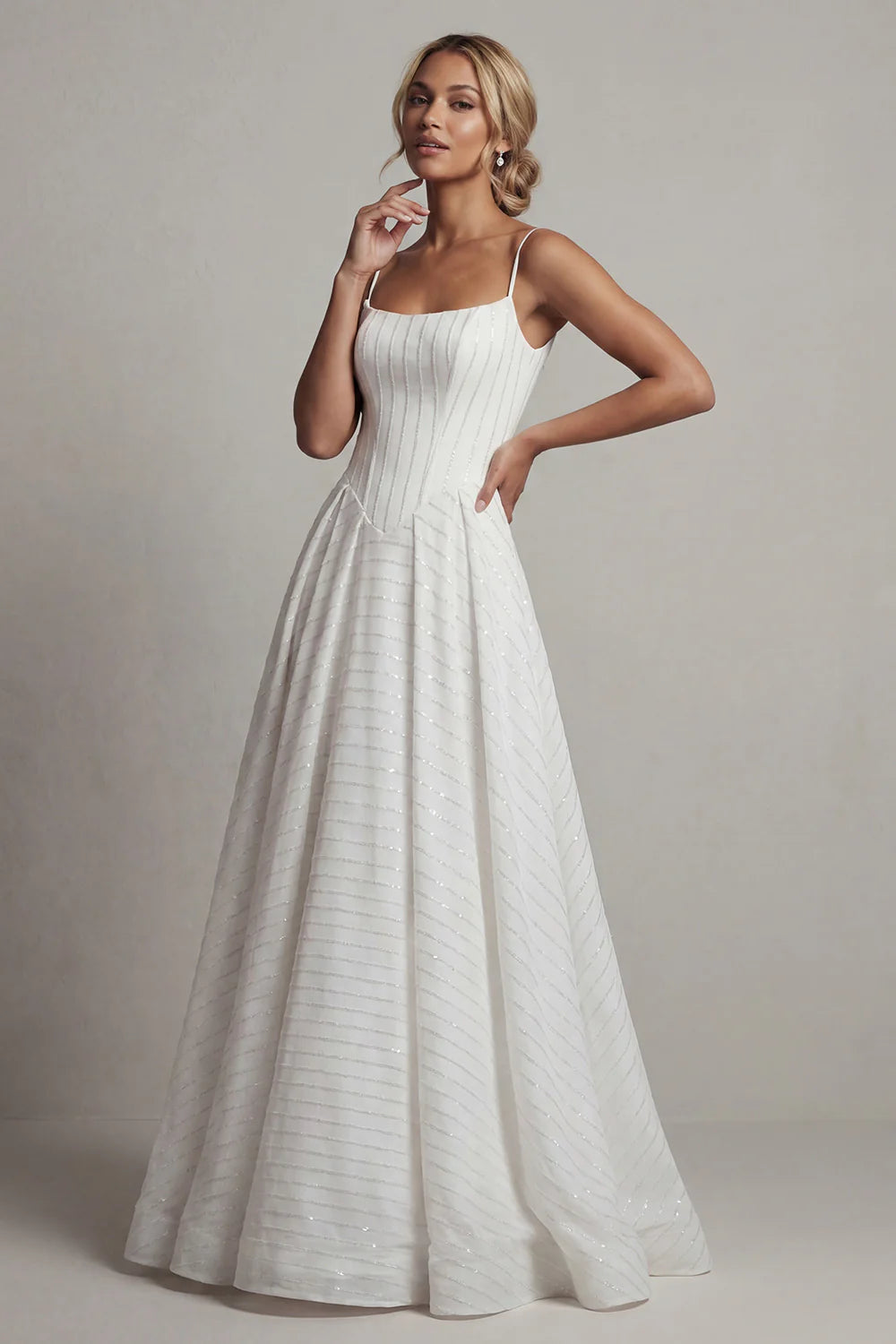 White Spaghetti Strap Prom Dress With Square Neckline Corset Bodice And Sequin Stripe A Line Formal Prom Dress