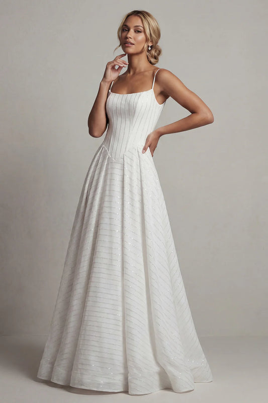 White Spaghetti Strap Prom Dress With Square Neckline Corset Bodice And Sequin Stripe A Line Formal Prom Dress