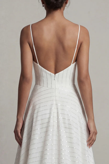 White Spaghetti Strap Prom Dress With Square Neckline Corset Bodice And Sequin Stripe A Line Formal Prom Dress