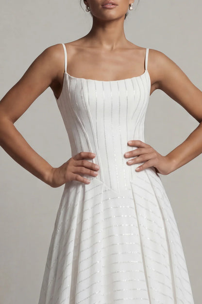 White Spaghetti Strap Prom Dress With Square Neckline Corset Bodice And Sequin Stripe A Line Formal Prom Dress