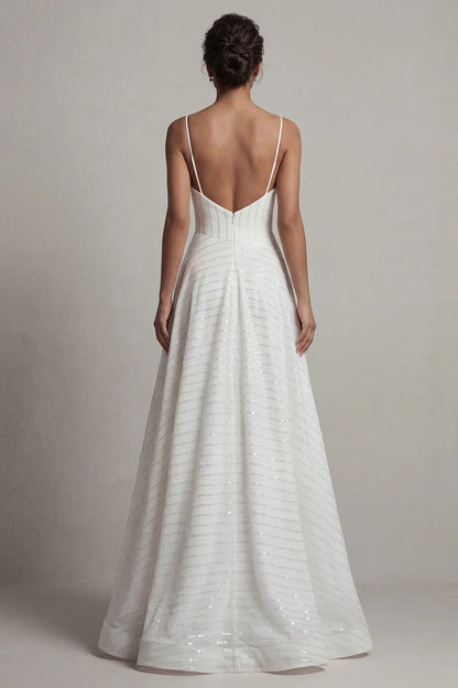 White Spaghetti Strap Prom Dress With Square Neckline Corset Bodice And Sequin Stripe A Line Formal Prom Dress