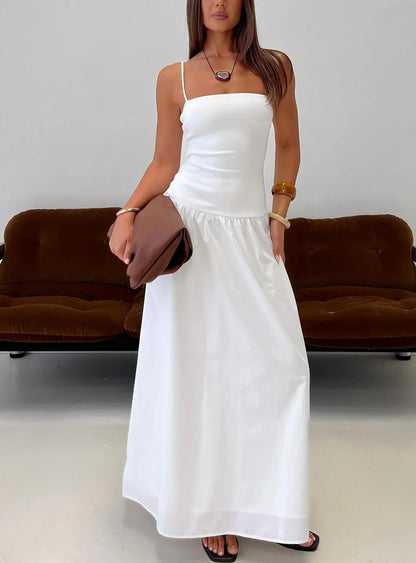 White Spaghetti Strap Prom Dress with Square Neckline and Tiered Skirt for Formal Events and Prom Nights