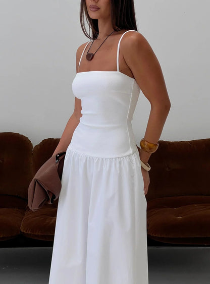 White Spaghetti Strap Prom Dress with Square Neckline and Tiered Skirt for Formal Events and Prom Nights