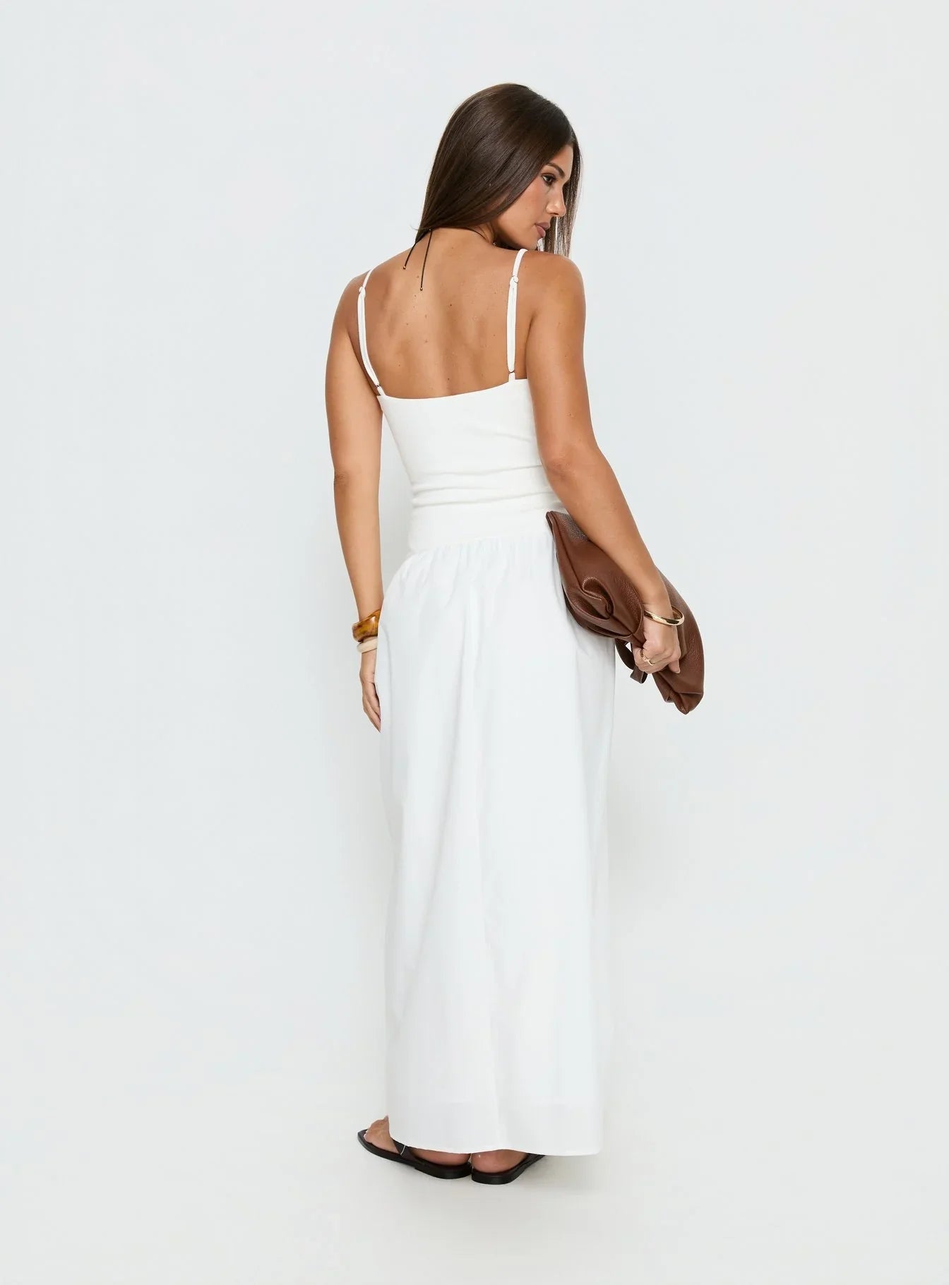 White Spaghetti Strap Prom Dress with Square Neckline and Tiered Skirt for Formal Events and Prom Nights