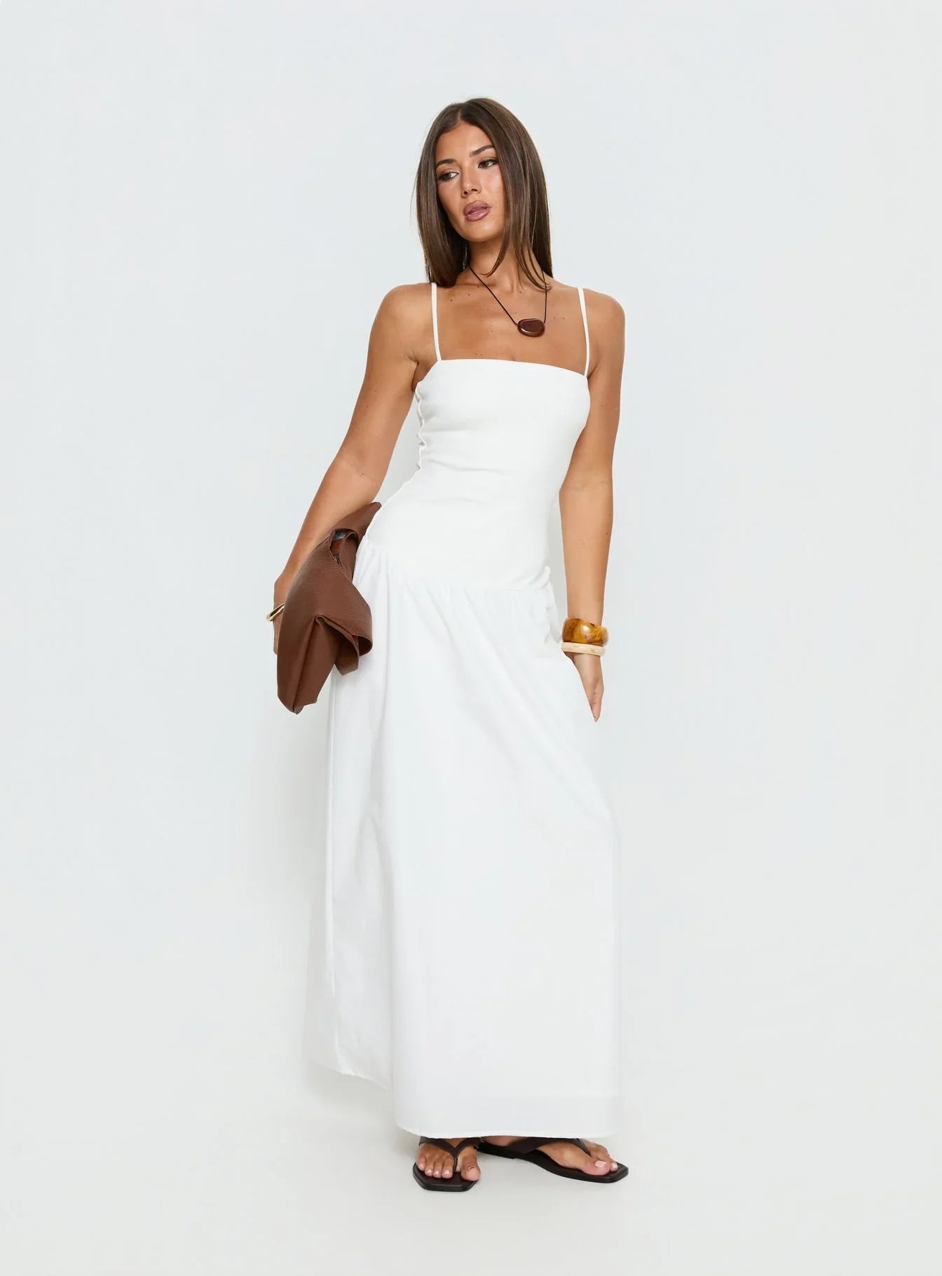 White Spaghetti Strap Prom Dress with Square Neckline and Tiered Skirt for Formal Events and Prom Nights