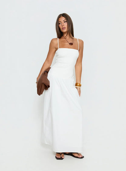 White Spaghetti Strap Prom Dress with Square Neckline and Tiered Skirt for Formal Events and Prom Nights