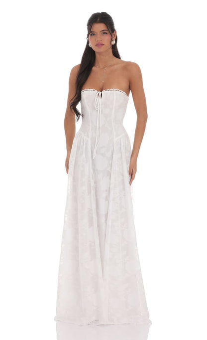 White Strapless Floral Organza Prom Dress With Corset Lace-Up Back Formal Prom Dress
