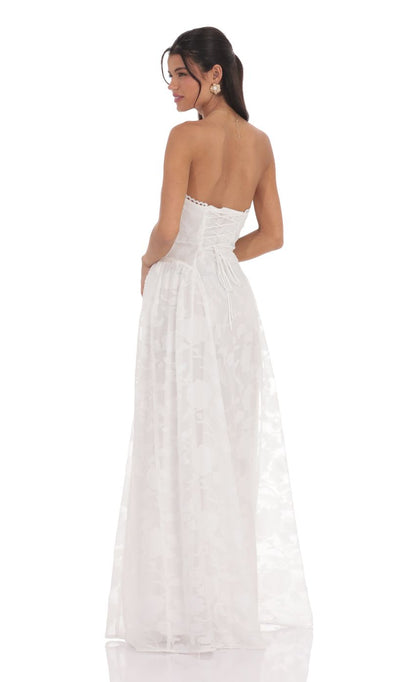 White Strapless Floral Organza Prom Dress With Corset Lace-Up Back Formal Prom Dress