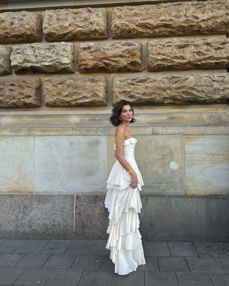 White Strapless Prom Dress With Tiered Ruffled Skirt And Cotton Formal Prom Dress