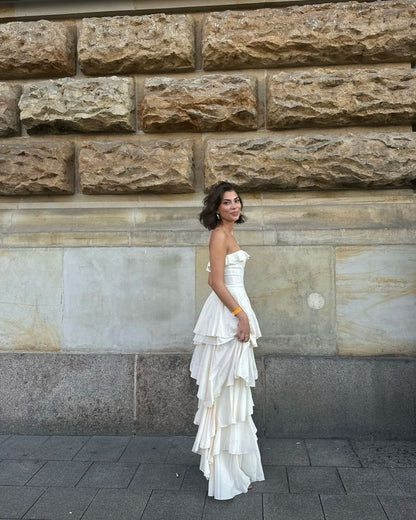 White Strapless Prom Dress With Tiered Ruffled Skirt And Cotton Formal Prom Dress