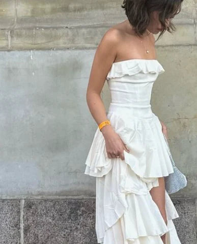 White Strapless Prom Dress With Tiered Ruffled Skirt And Cotton Formal Prom Dress