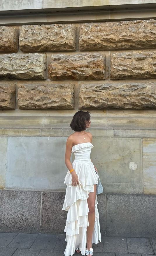 White Strapless Prom Dress With Tiered Ruffled Skirt And Cotton Formal Prom Dress