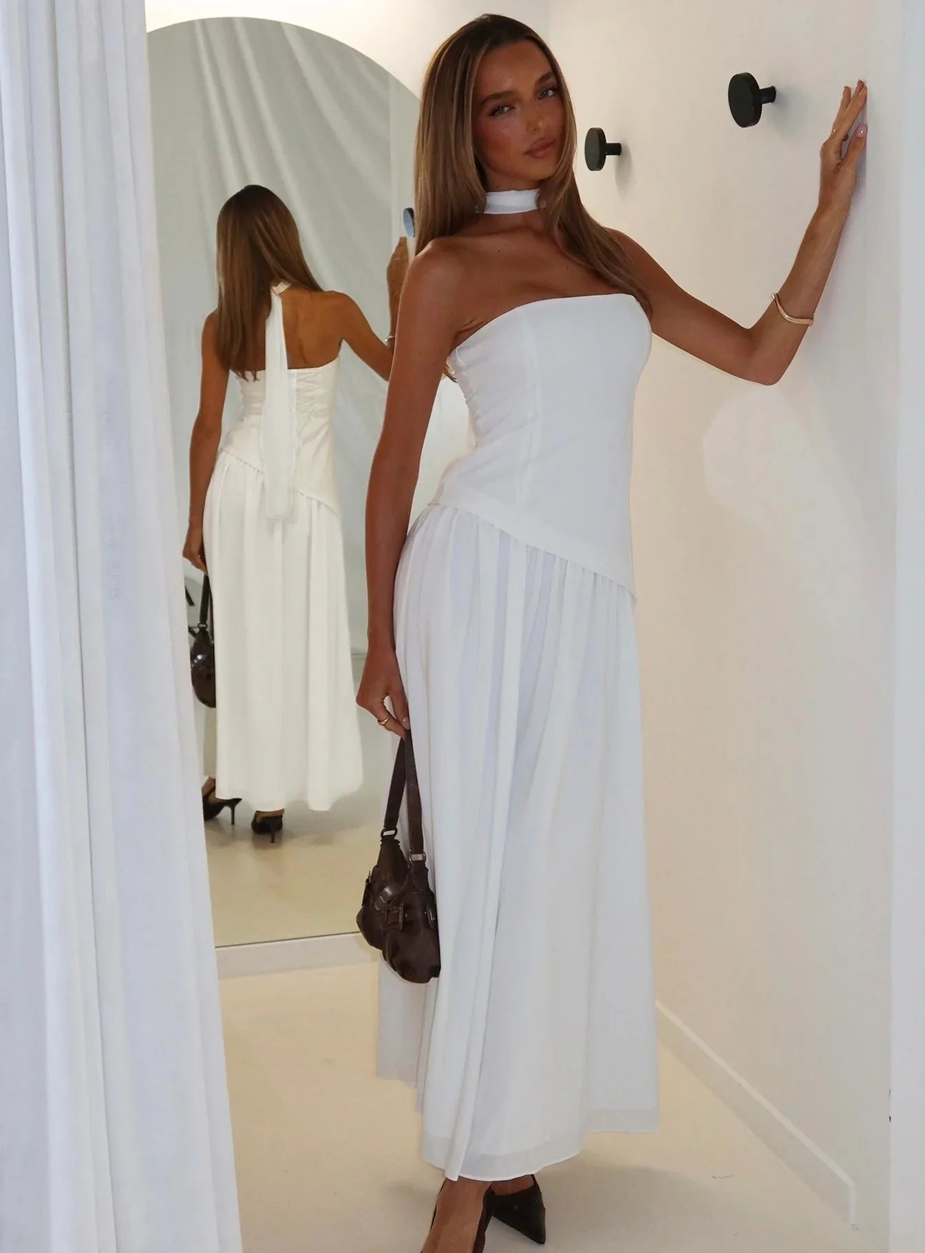 White Strapless Prom Dress with Choker Neckline Asymmetrical Bodice and Flowy Maxi Skirt for Formal Events and Prom Nights