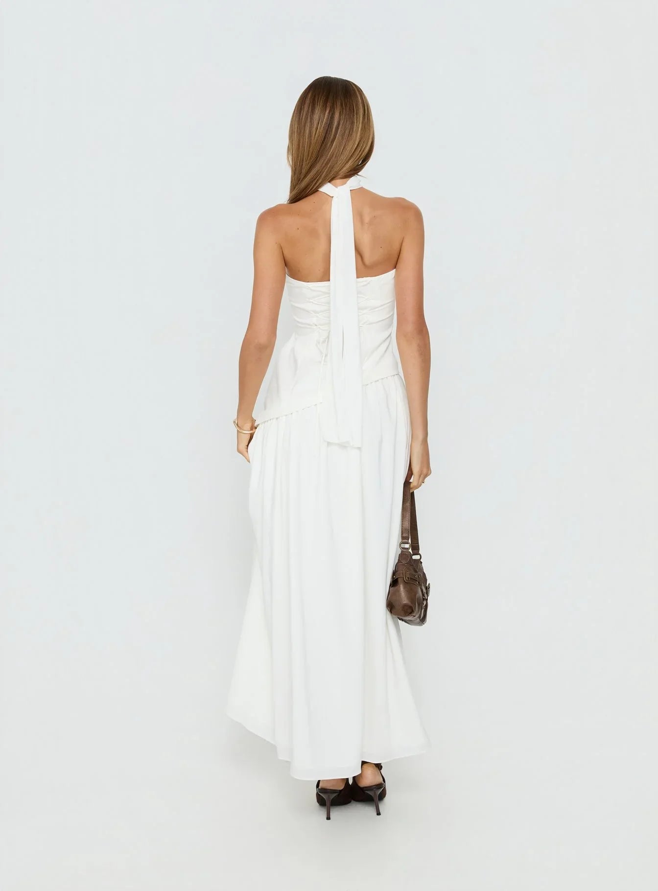 White Strapless Prom Dress with Choker Neckline Asymmetrical Bodice and Flowy Maxi Skirt for Formal Events and Prom Nights