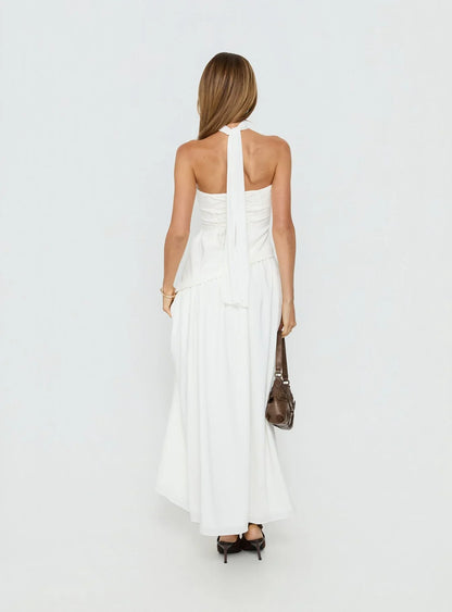 White Strapless Prom Dress with Choker Neckline Asymmetrical Bodice and Flowy Maxi Skirt for Formal Events and Prom Nights