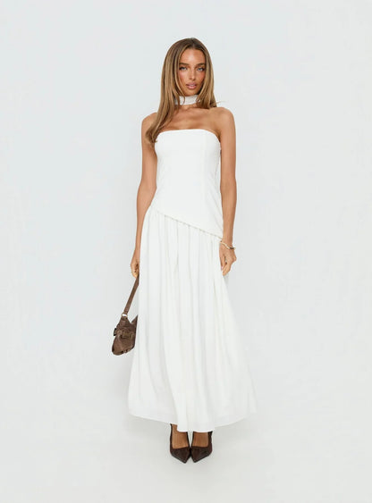 White Strapless Prom Dress with Choker Neckline Asymmetrical Bodice and Flowy Maxi Skirt for Formal Events and Prom Nights