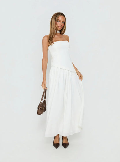 White Strapless Prom Dress with Choker Neckline Asymmetrical Bodice and Flowy Maxi Skirt for Formal Events and Prom Nights
