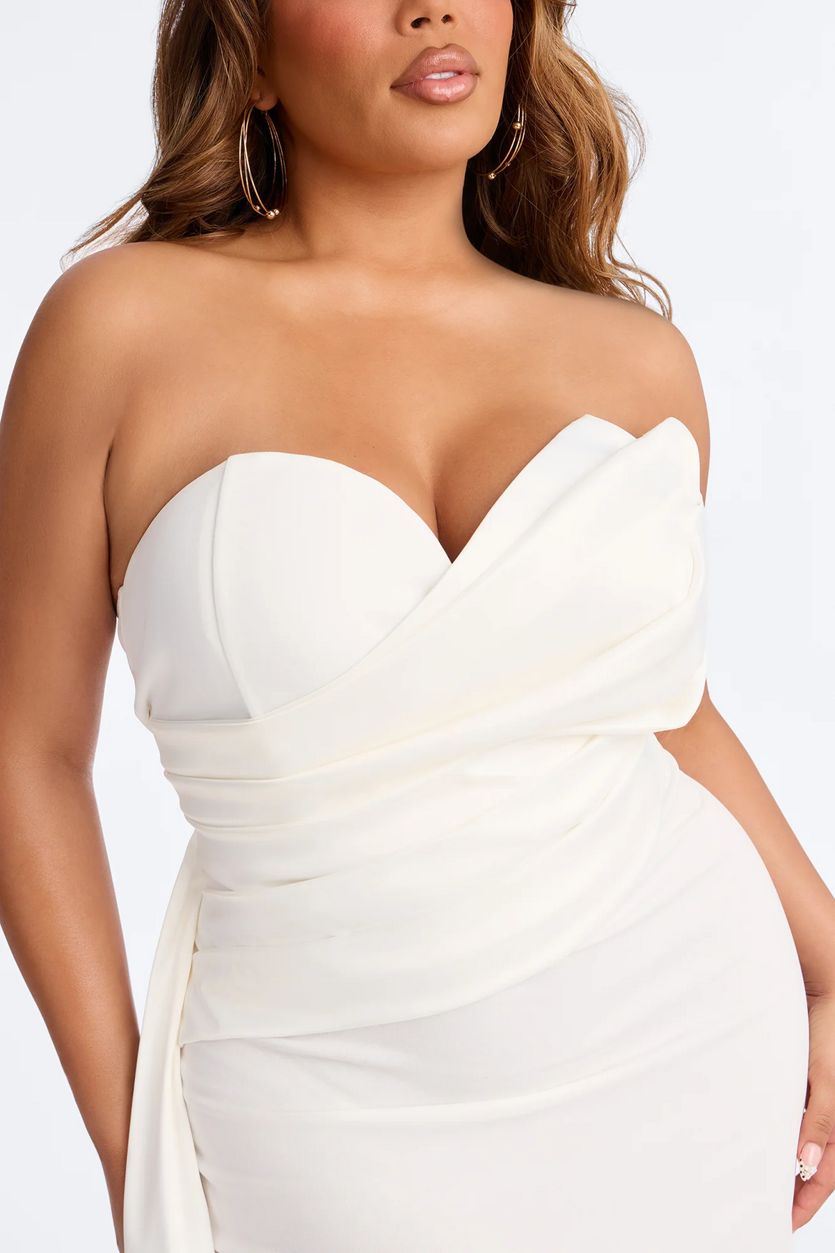 White Strapless Sweetheart Draped Mermaid Evening Dress