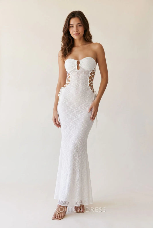 White Strapless Sweetheart Neck Keyhole Bust Lace Corset Lace Up Side Cutout Mermaid Floor Length Prom Dress