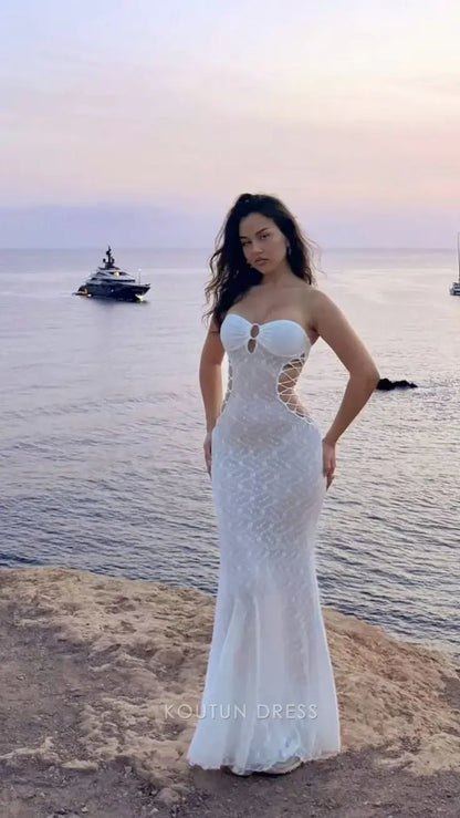 White Strapless Sweetheart Neck Keyhole Bust Lace Corset Lace Up Side Cutout Mermaid Floor Length Prom Dress