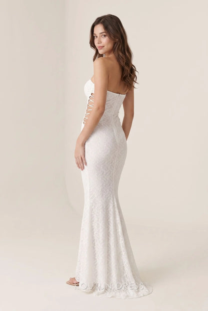 White Strapless Sweetheart Neck Keyhole Bust Lace Corset Lace Up Side Cutout Mermaid Floor Length Prom Dress