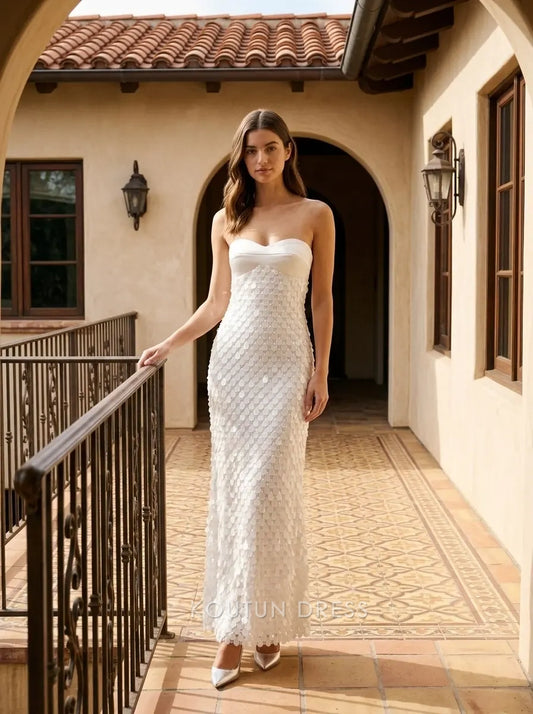White Strapless Sweetheart Satin Top Large Sequined Mermaid Formal Evening Prom Dress