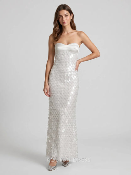 White Strapless Sweetheart Satin Top Large Sequined Mermaid Formal Evening Prom Dress