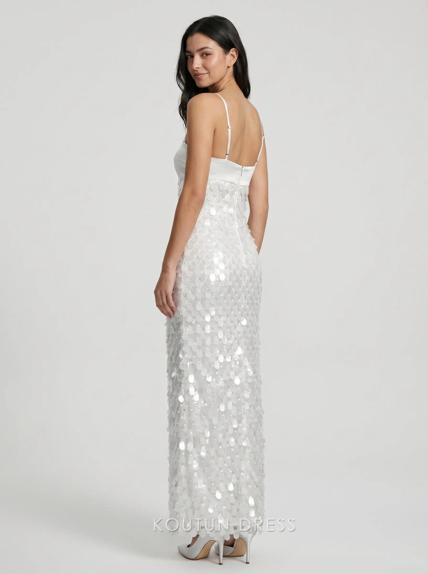 White Strapless Sweetheart Satin Top Large Sequined Mermaid Formal Evening Prom Dress