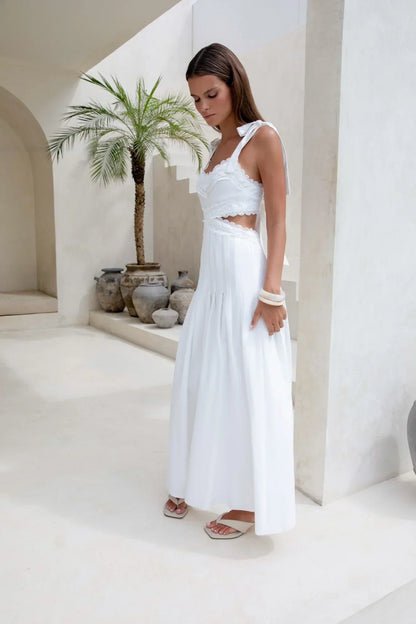 White Tie Strap Lace Trim Cutout Waist Bow Back Pleated Floor Length Formal Evening Prom Dress