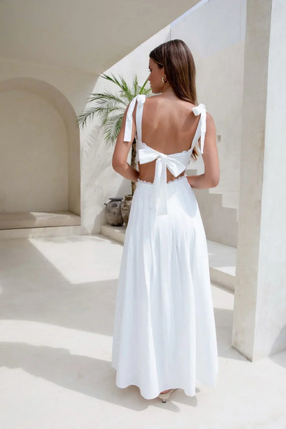 White Tie Strap Lace Trim Cutout Waist Bow Back Pleated Floor Length Formal Evening Prom Dress