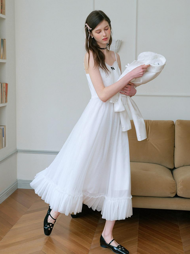 White Tulle A Line Sweetheart Neck Spaghetti Strap Bow Detail Ruffle Hem Midi Length Formal Evening Prom Dress