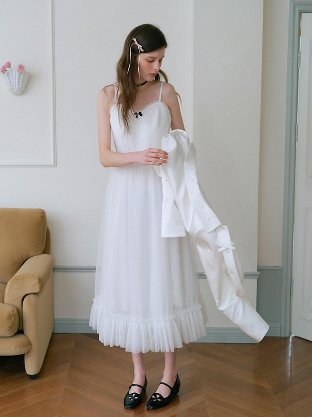 White Tulle A Line Sweetheart Neck Spaghetti Strap Bow Detail Ruffle Hem Midi Length Formal Evening Prom Dress