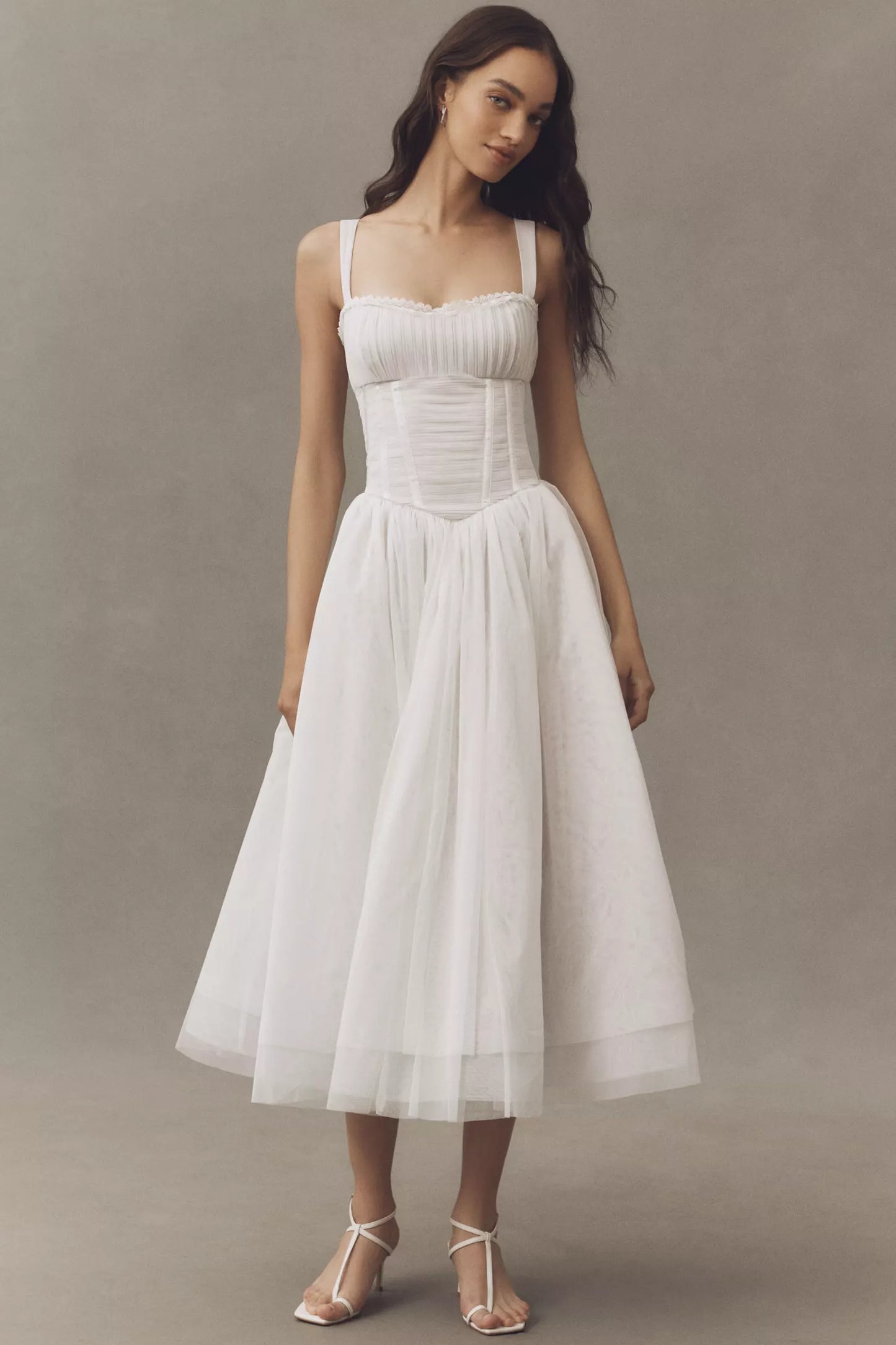 White Tulle Square Neck Corset Bodice Flared Midi Prom Dress