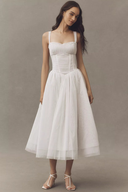 White Tulle Square Neck Corset Bodice Flared Midi Prom Dress