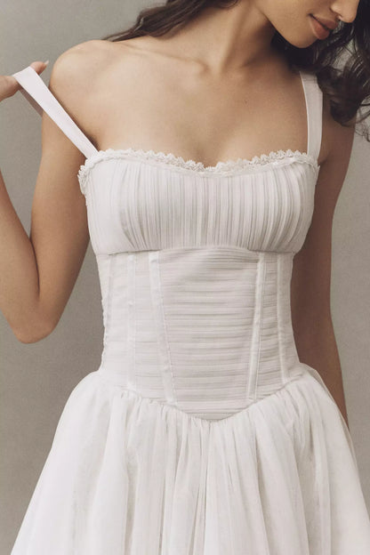 White Tulle Square Neck Corset Bodice Flared Midi Prom Dress