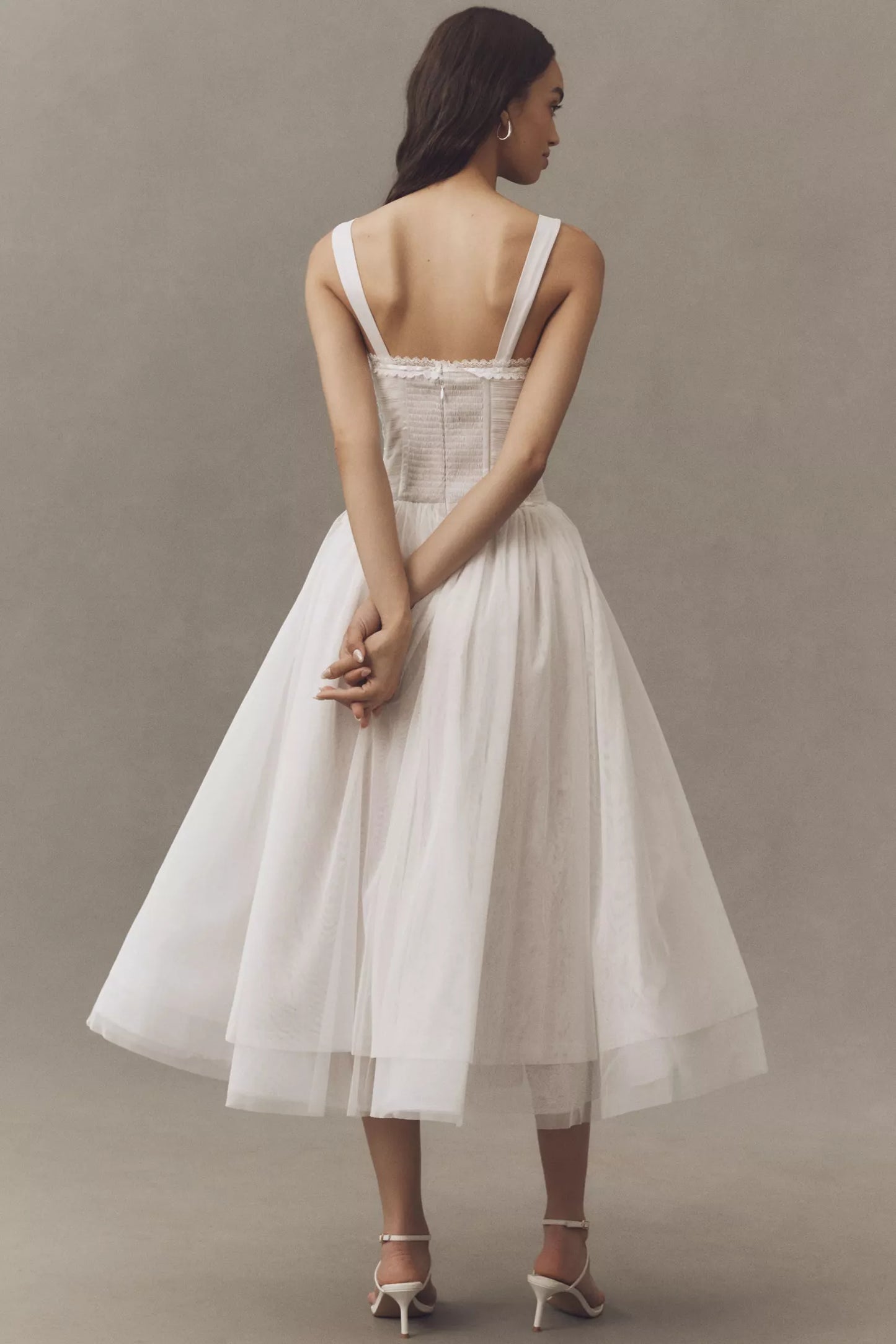 White Tulle Square Neck Corset Bodice Flared Midi Prom Dress