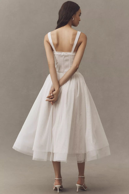 White Tulle Square Neck Corset Bodice Flared Midi Prom Dress
