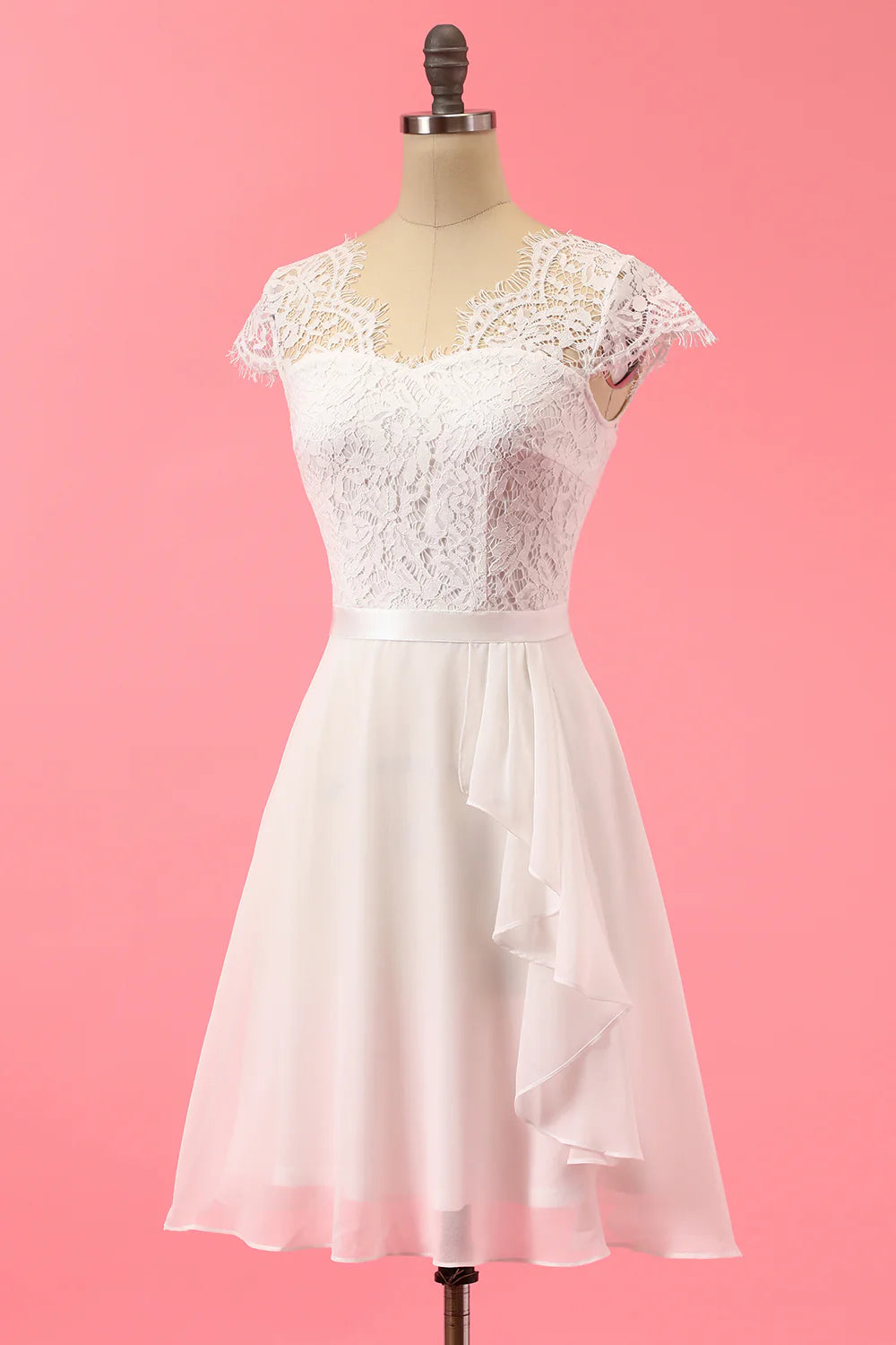 White Formal Lace Ruffle Dress Knee length Cute A-Line Dress