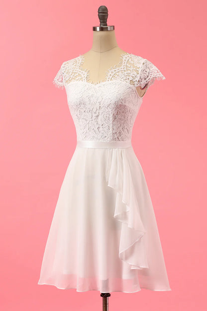 White Formal Lace Ruffle Dress Knee length Cute A-Line Dress