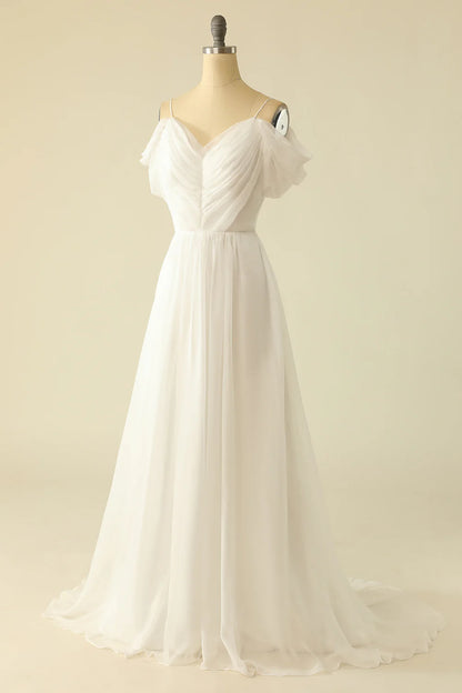 Simple White Off the Shoulder Train Dress Tulle Wedding Dress